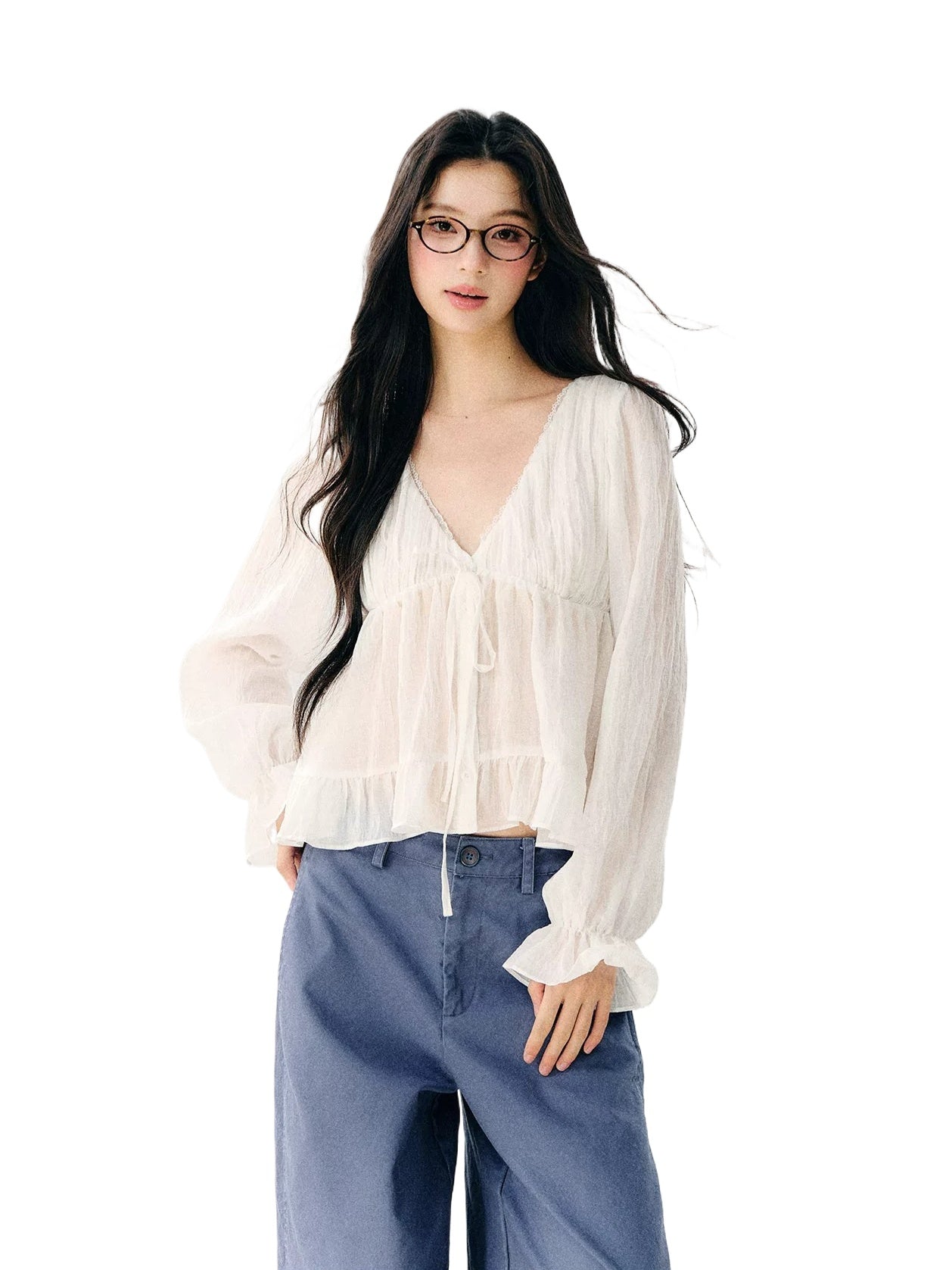 White Ruffle V-neck Blouse