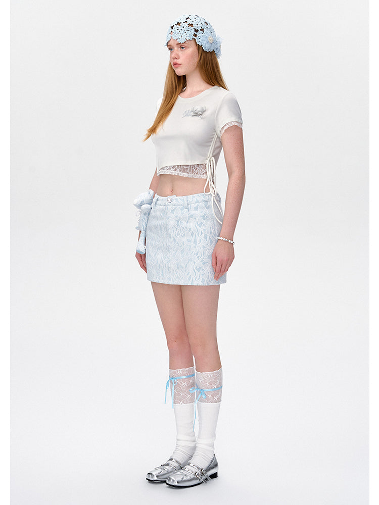 Lace Slim Fit Round-Neck Short T-Shirt