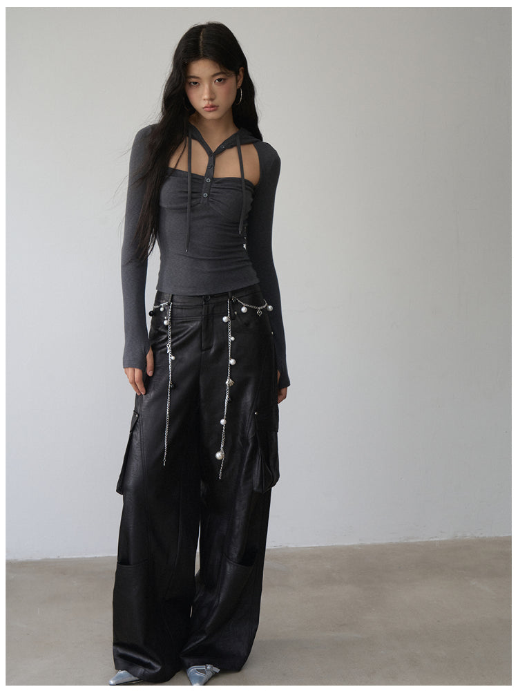 Hooded Hollow-out Long-sleeved T-shirt