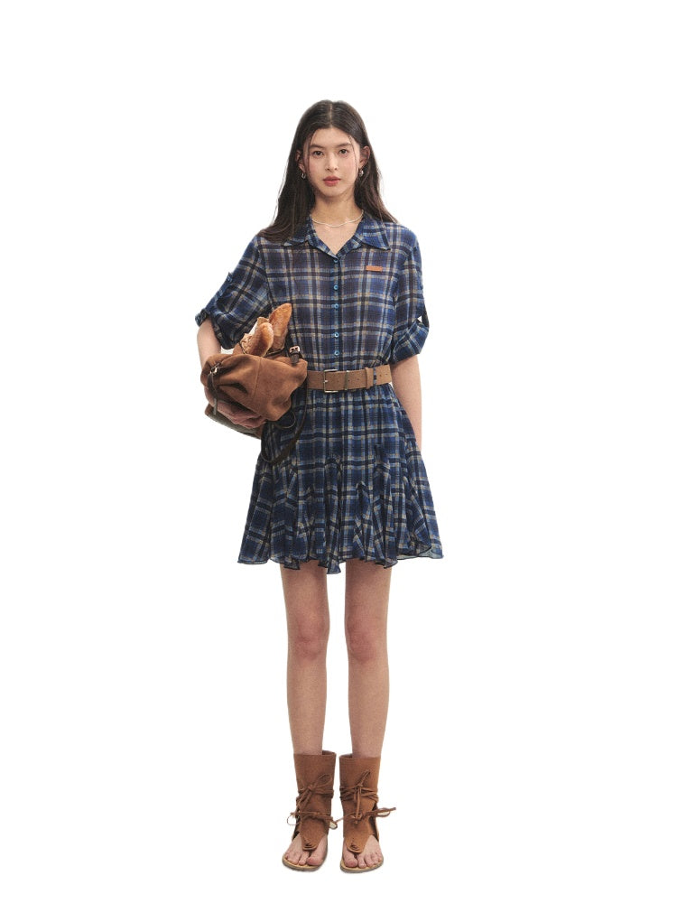 Collared Checked Waist-fitted Long-sleeve Shirt Dress