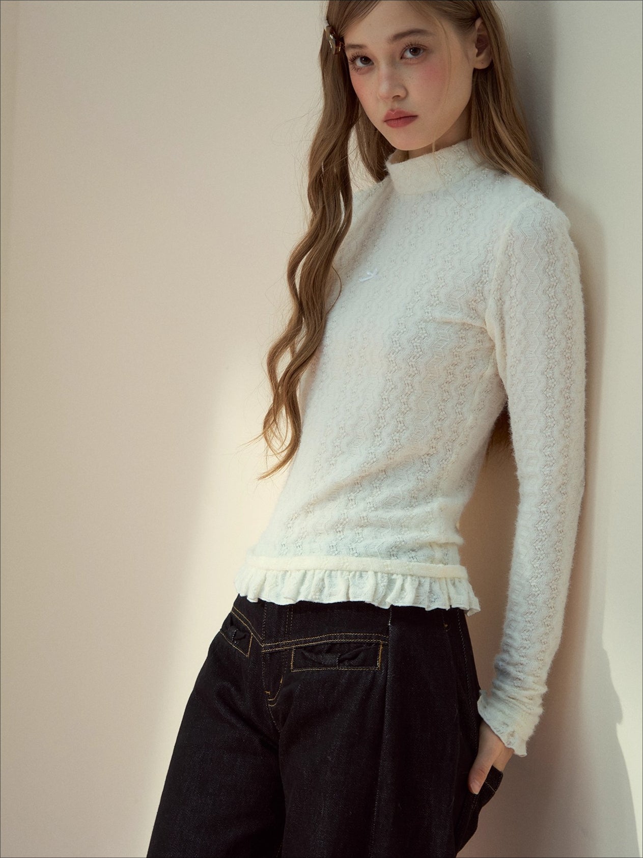 Layered Lace-Texture Mock Neck Knit Top