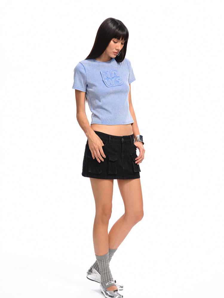 Asymmetrical Low - Rise Straight - Cut Denim Mini Skirt