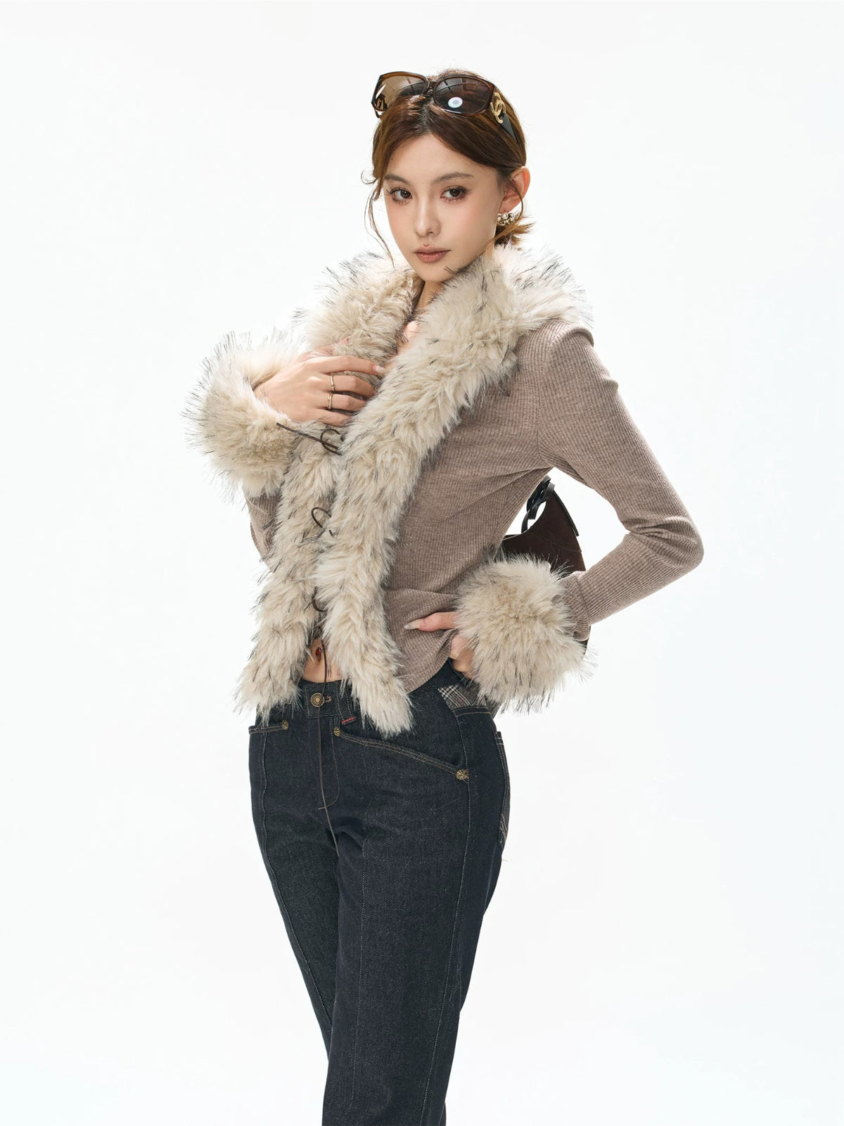 Faux Fur Collar Knit Cardigan Top