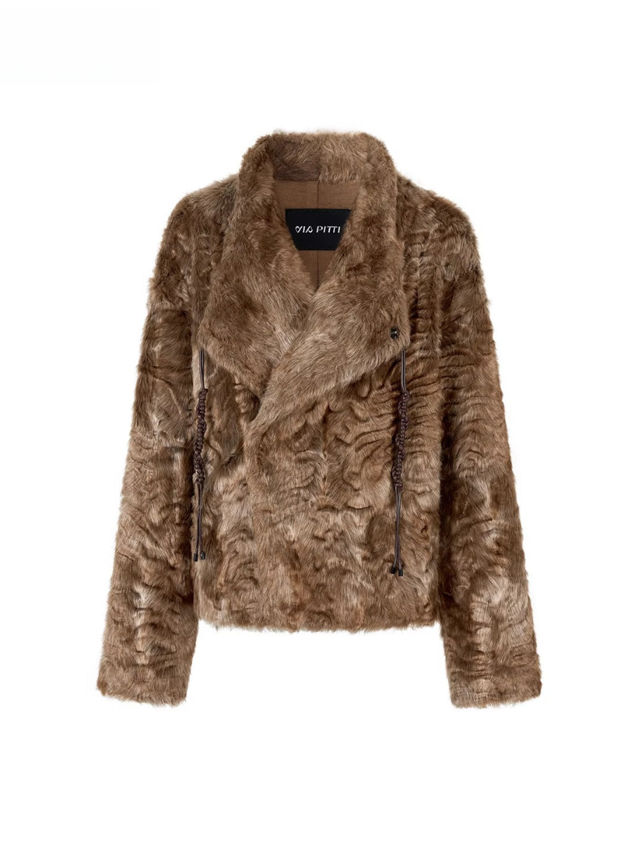 Textured Custom Large Notch Collar Faux Fur Coat