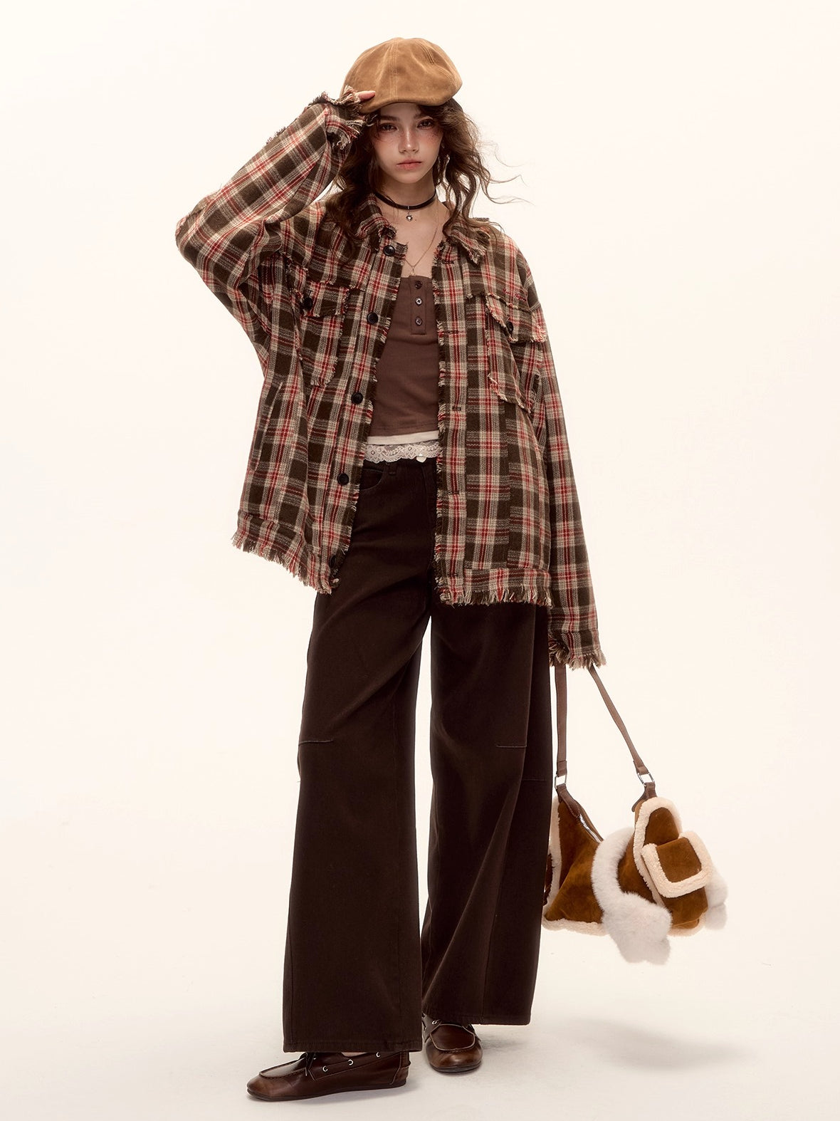 Checked Wool Blend Fringe Edge Shirt Jacket