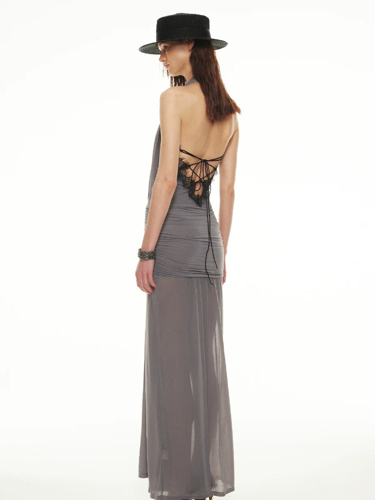 Mist Grey Lace Halter Dress