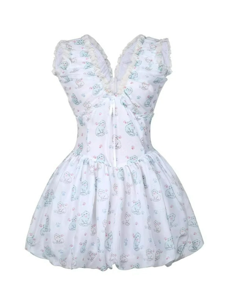 Meow Print V-Neck Dress