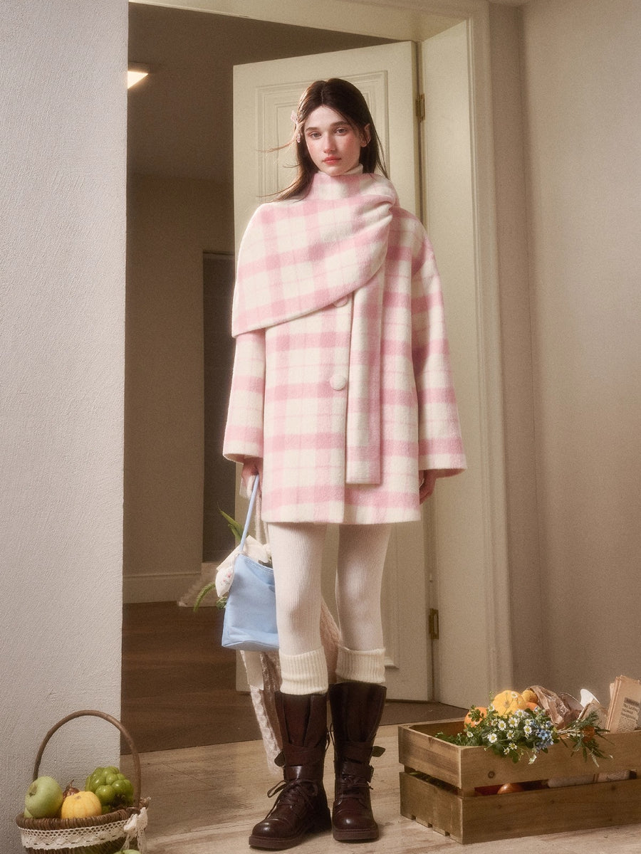 Baby Pink Raspberry Check Wool-Like Cape Coat