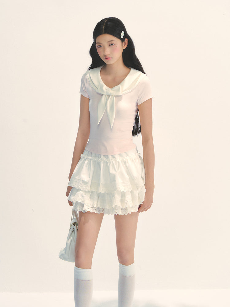 Bow-neck Contrast-color Skin Friendly Cotton T-shirt