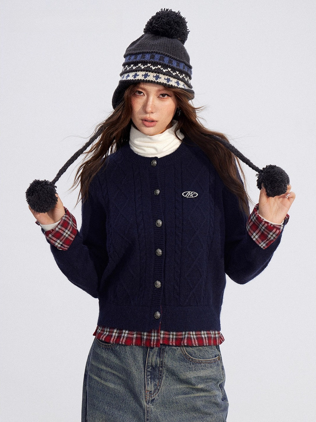 Plaid Trim Knit Cardigan