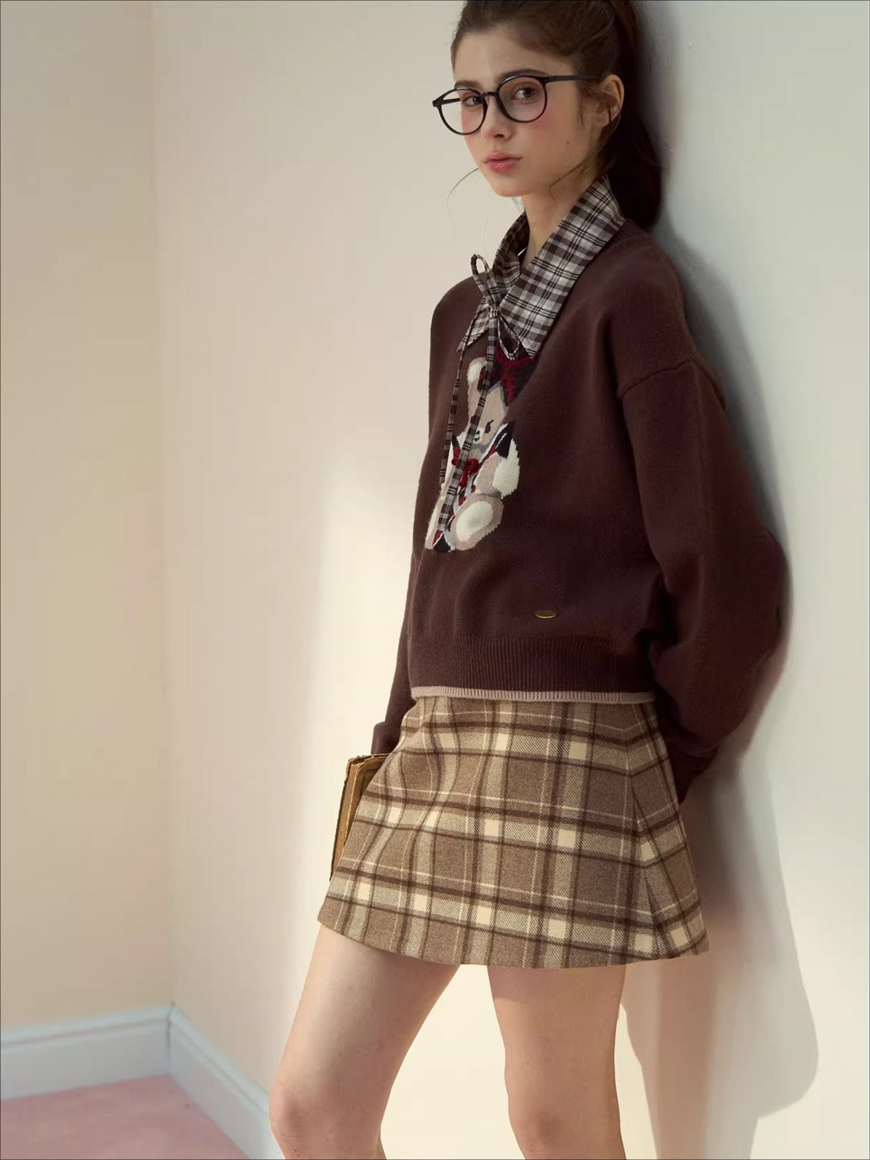 Pink & Brown Plaid A-line Wool Skirt
