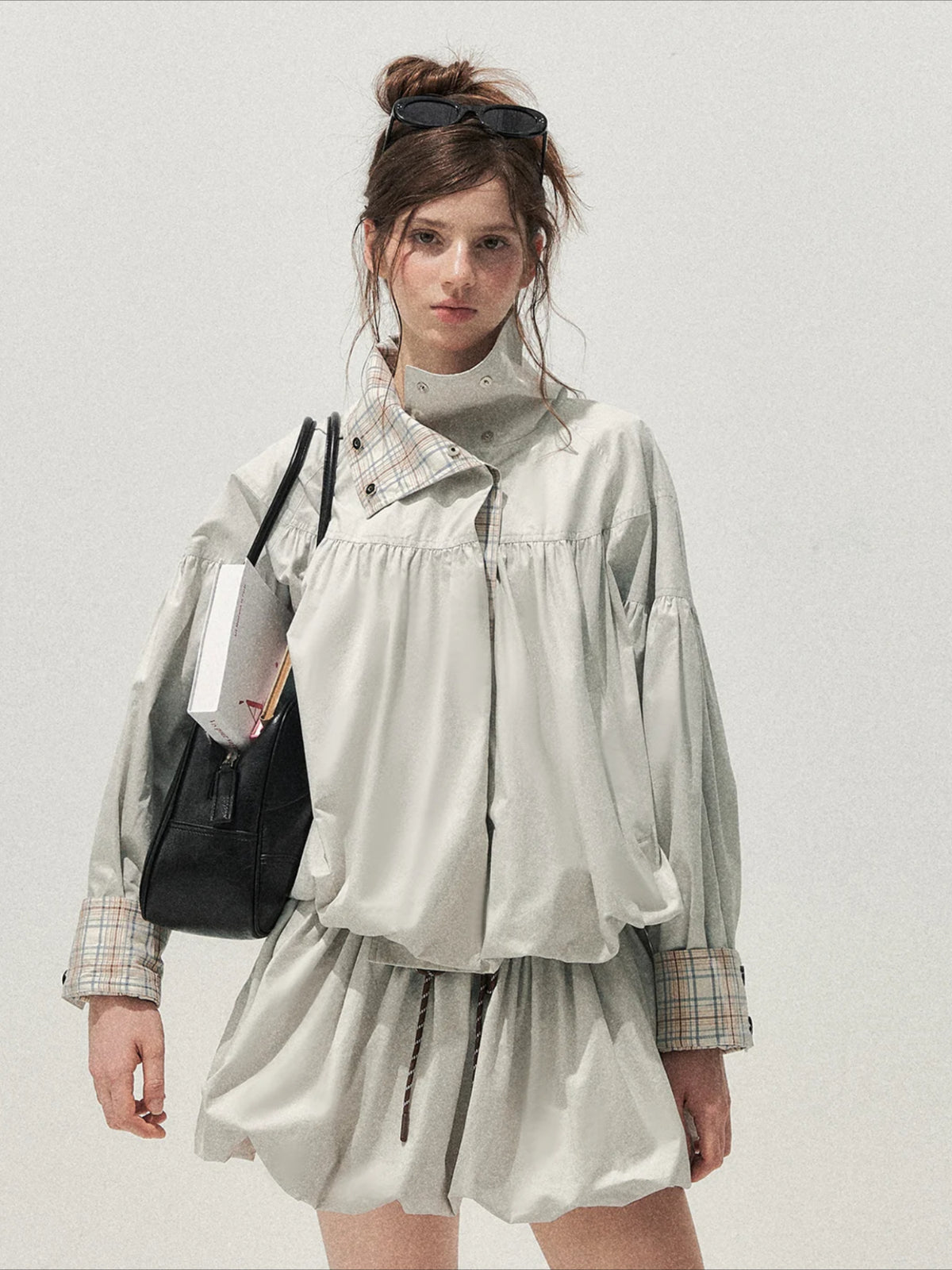 Blue Gray Plaid Trench Coat Set