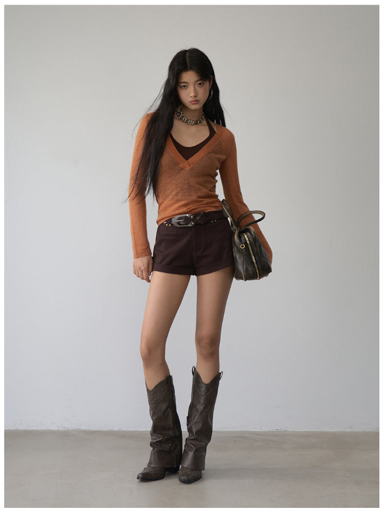 Fake Two-Piece Halter V-Neck Knit Sweater