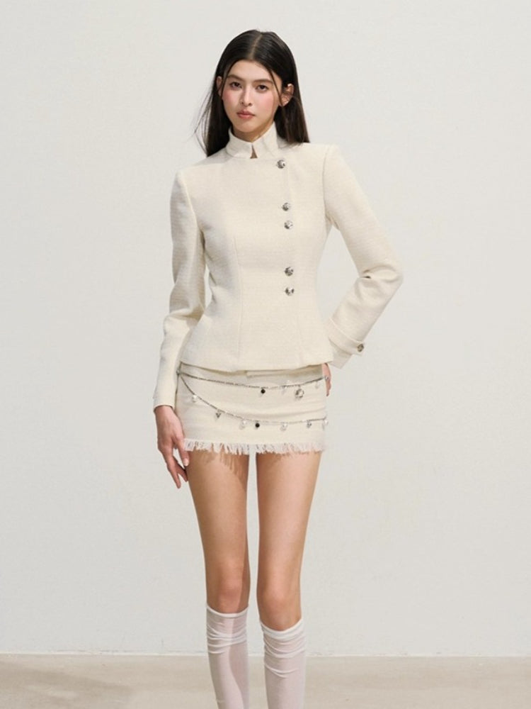 Shimmery Tweed Waist Jacket & Fringe Hem Skirt Set