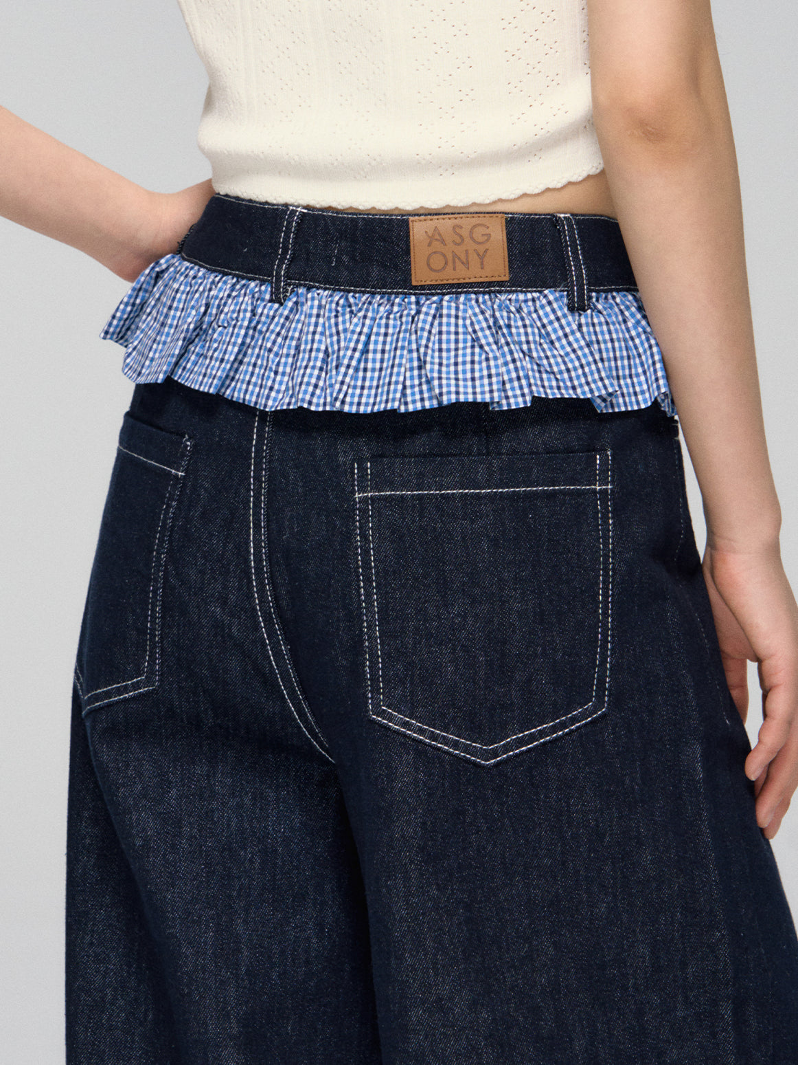 Ruffled Plaid Patchwork Straight Jeans