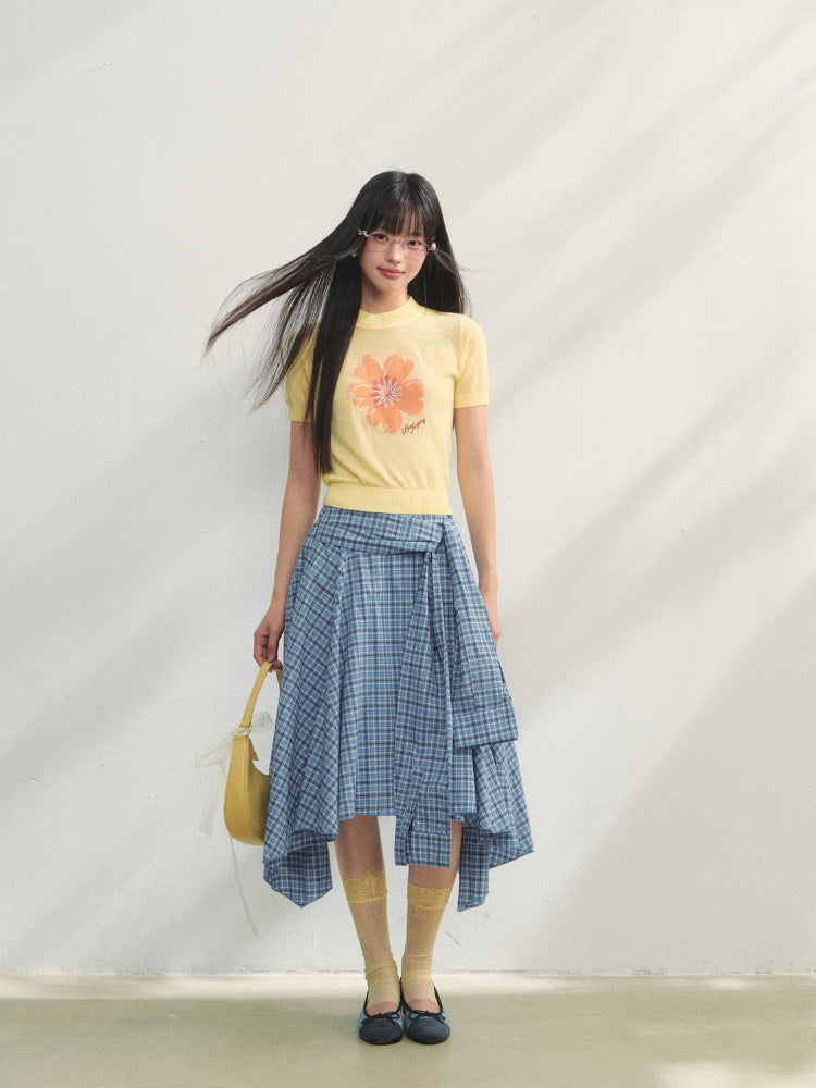 Blue Checkered Irregular Tie-Waist Skirt