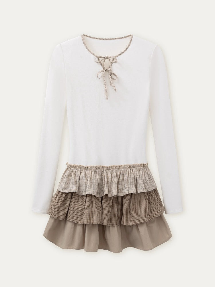 Brown & White Knit Plaid Tiered Dress