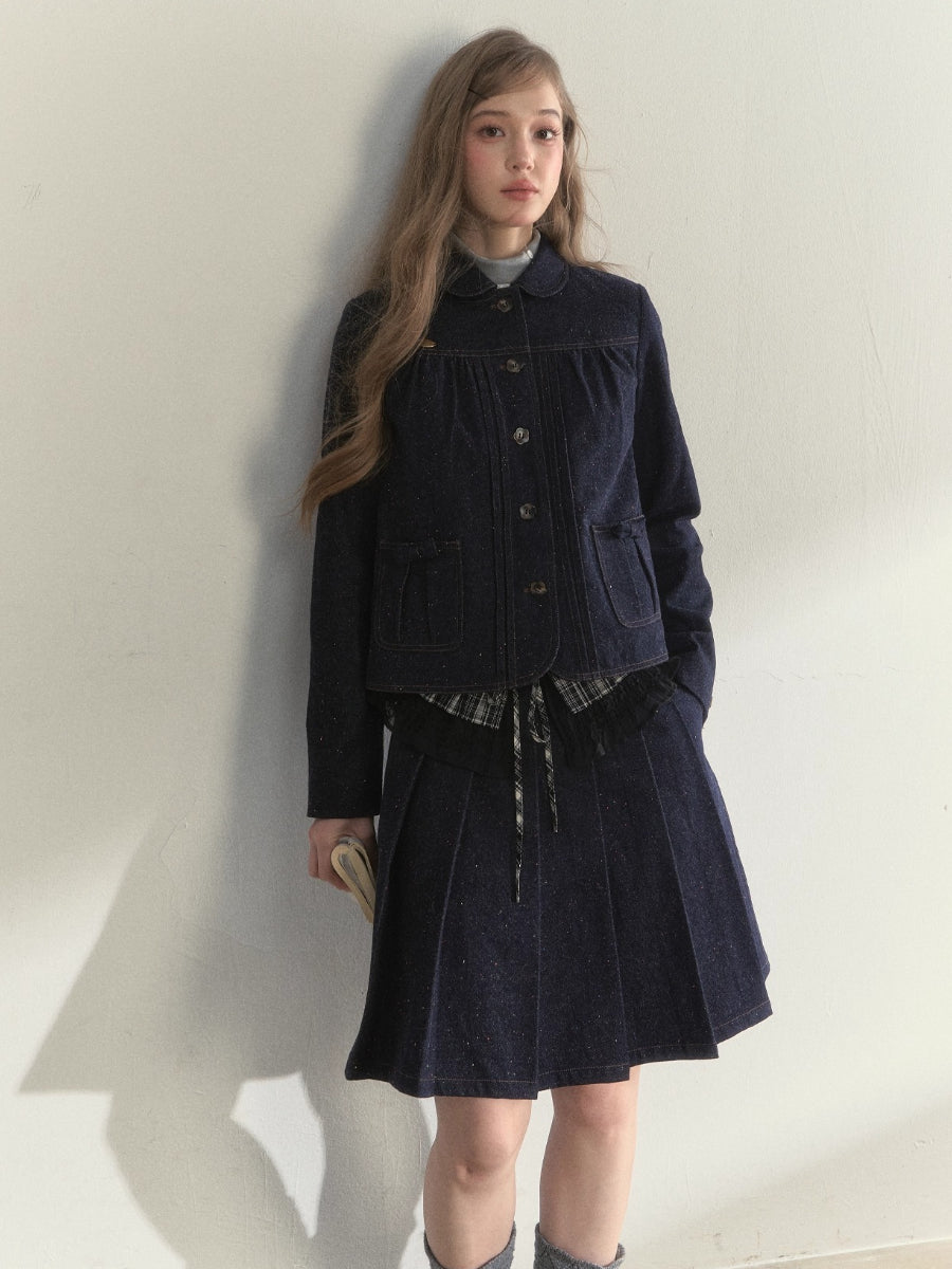 Vintage College Denim Padded Jacket & Skirt Set