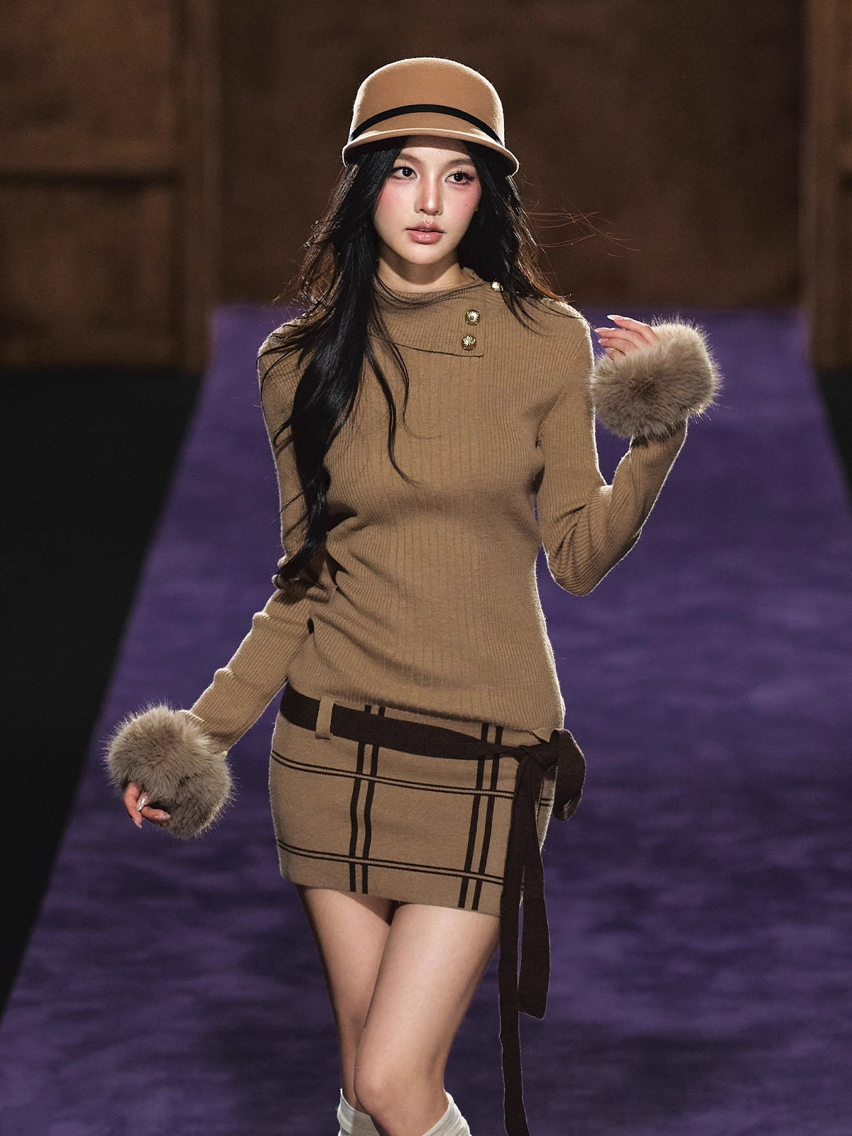 Turtleneck Fuzzy-Cuff Knit Dress