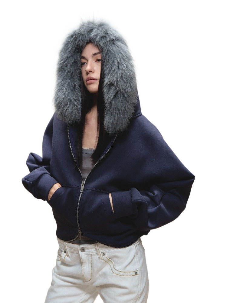 Batwing Hooded Fur-Collar Jacket