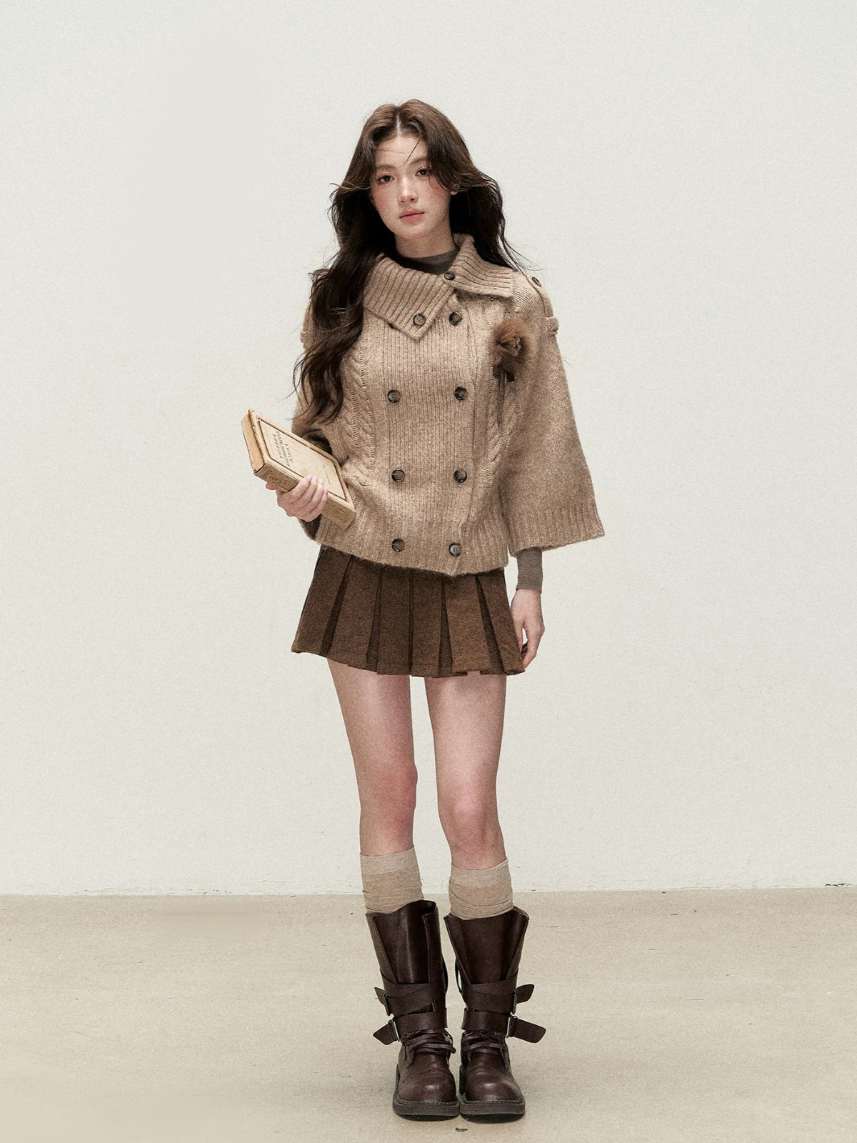 Double-Breasted Brooch Knit Cardigan