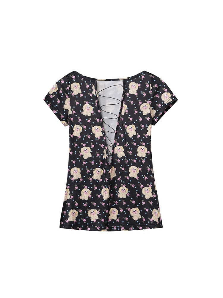 Printed Drawstring V-neck Tee