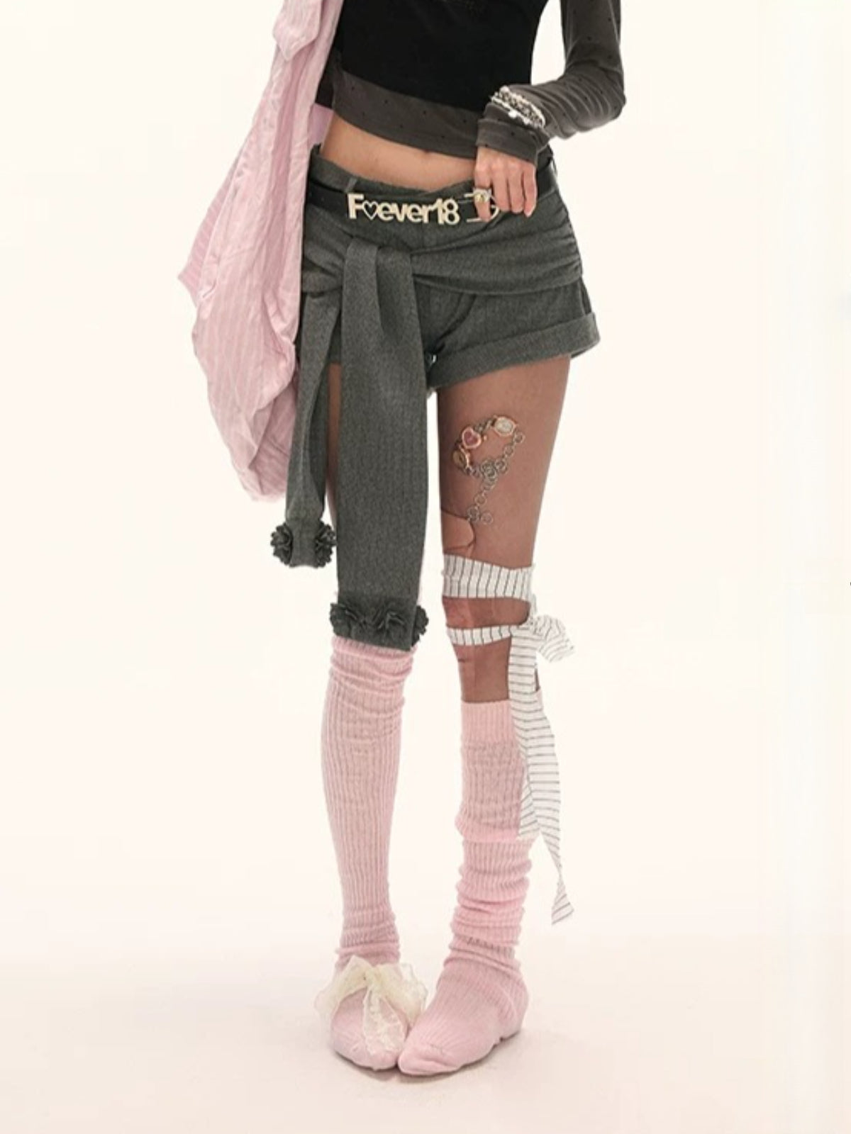 Asymmetric Tie Gray Mini Shorts