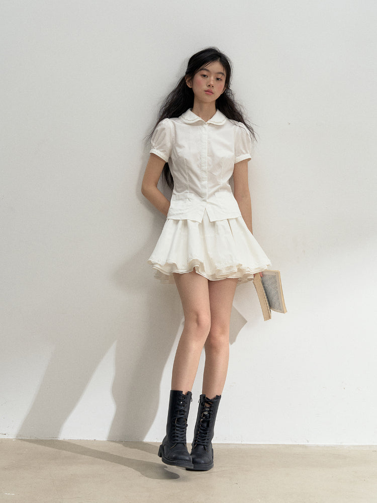 Cotton Lace Embroidered Collar Shirt & Skirt Set