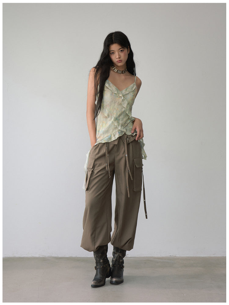 Folded Waist Three-Dimensional Pocket Casual Pants