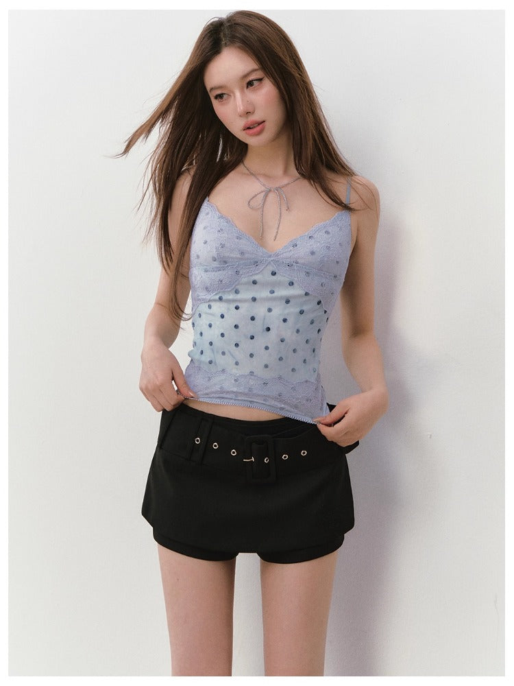 Irregular Tie-Dye Polka Dot Lace Tank Top