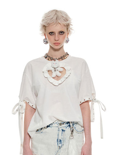 Black & White Heart-shaped Hollow-out Lace-up T-Shirt