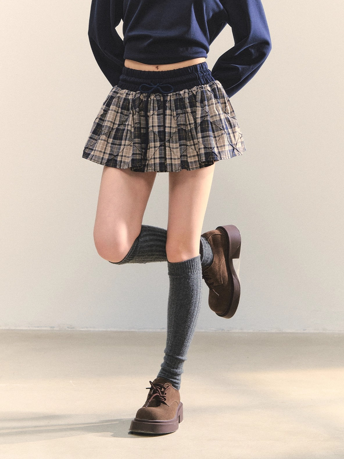 Navy Blue Plaid Halter Ruffle Sweatshirt & Skirt set
