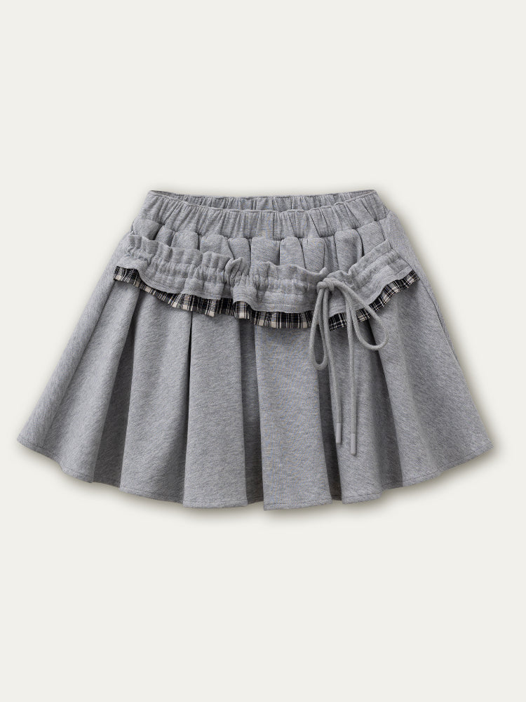Gray Plaid Spliced Hoodie & Skirt Set