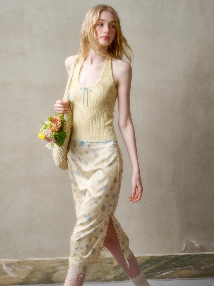 Hollow-out Color-blocking Knit Top