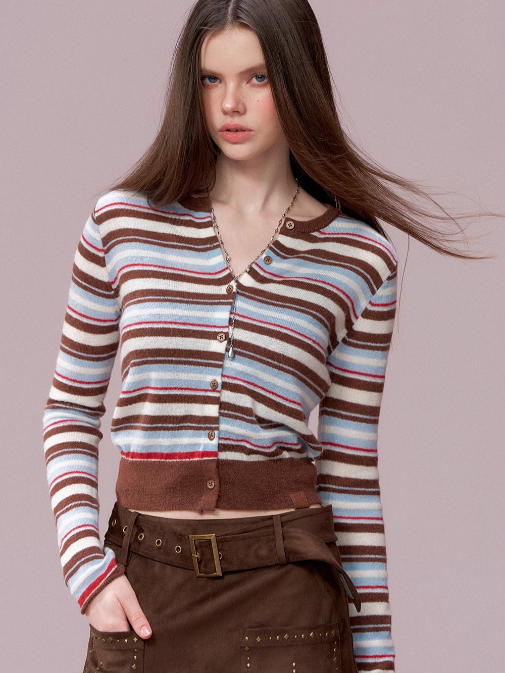 Color-Block Striped Wool Knit Cardigan