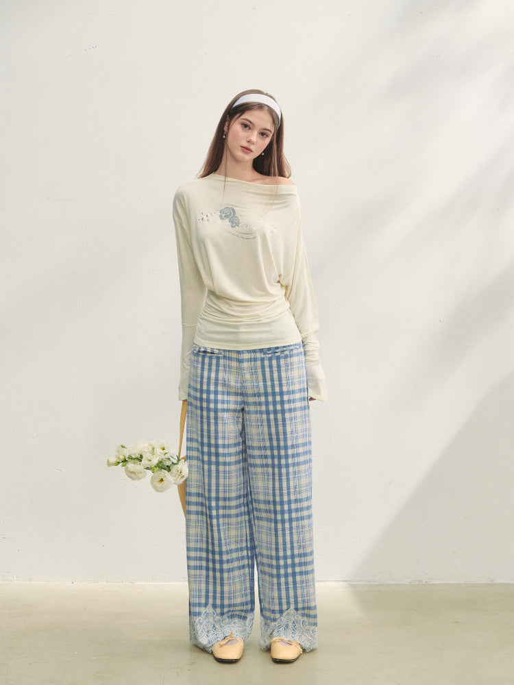 Lace Panel Checked Straight-Leg Pants