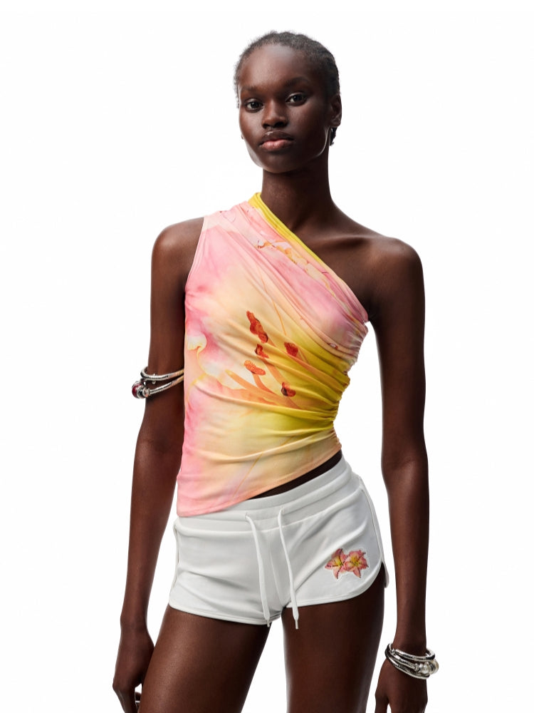 Slanted Shoulder Wrinkle-Printed Floral Vest