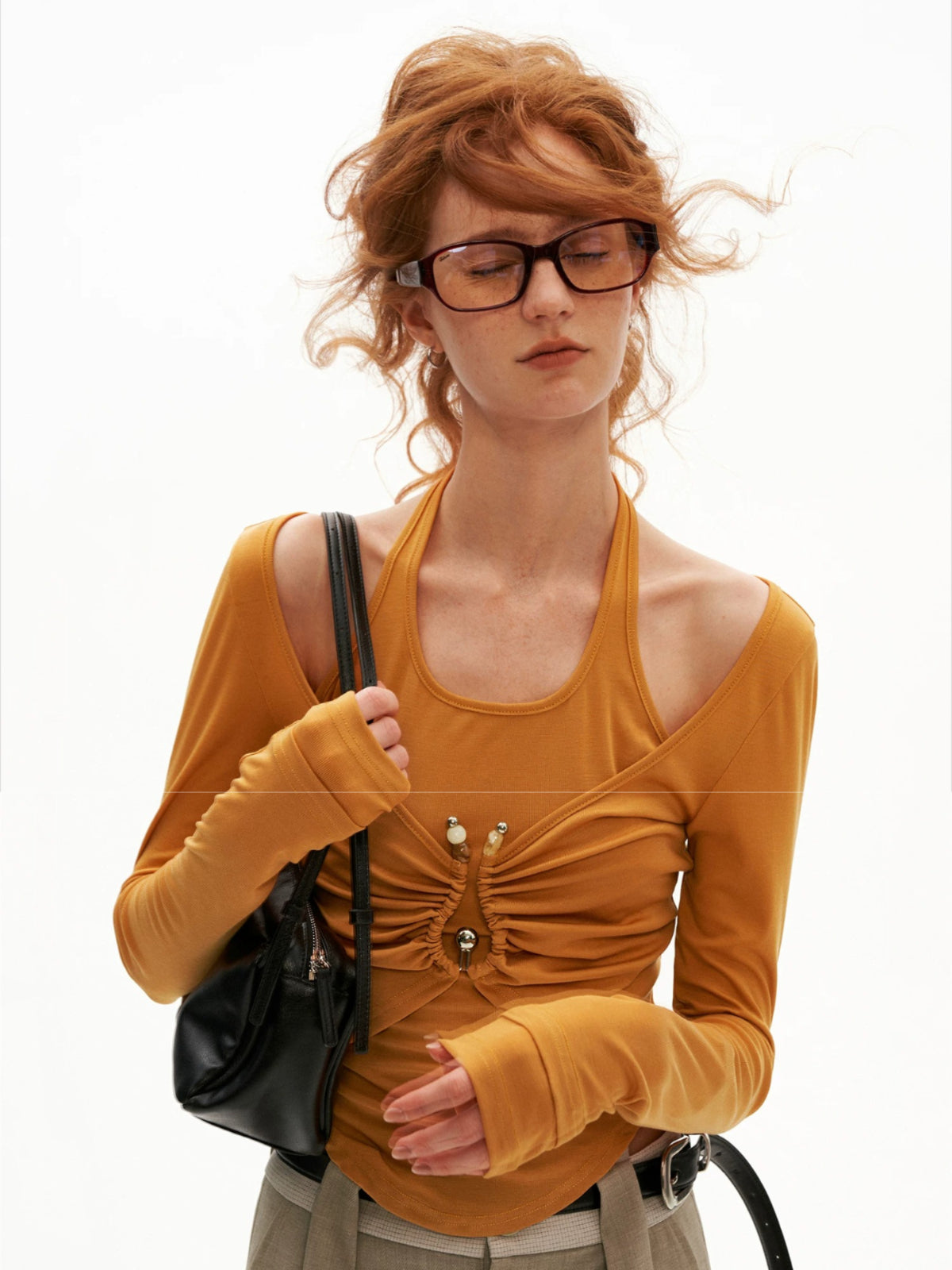 Halter Ruched Long Sleeve Top