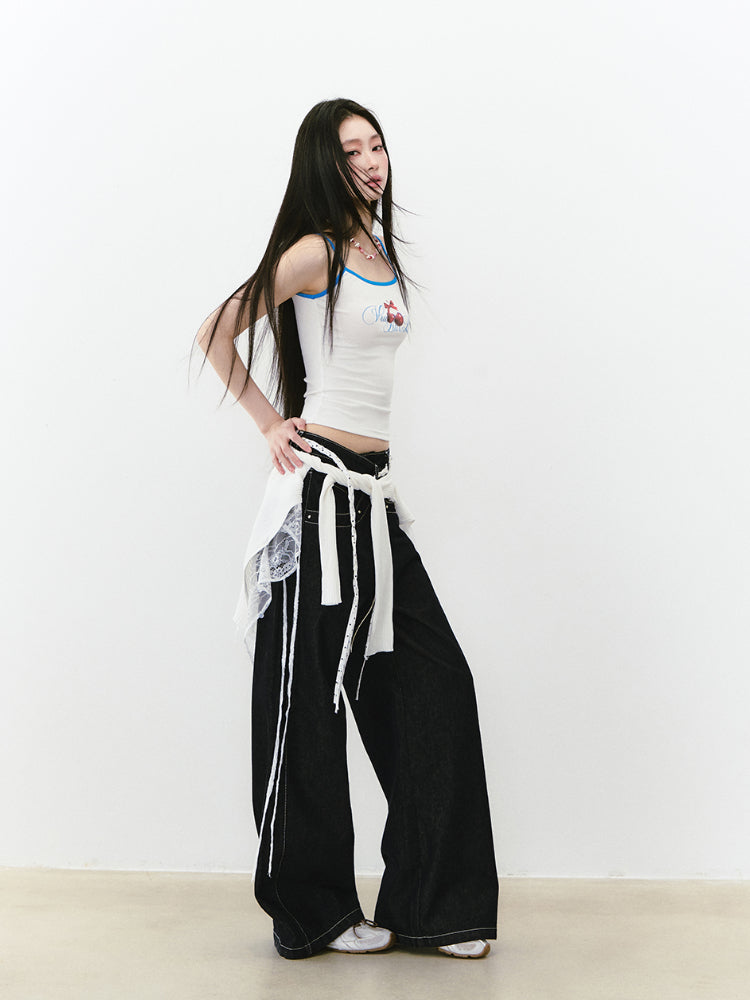 Irregular Waist Original Color Wide-Leg Denim Pants