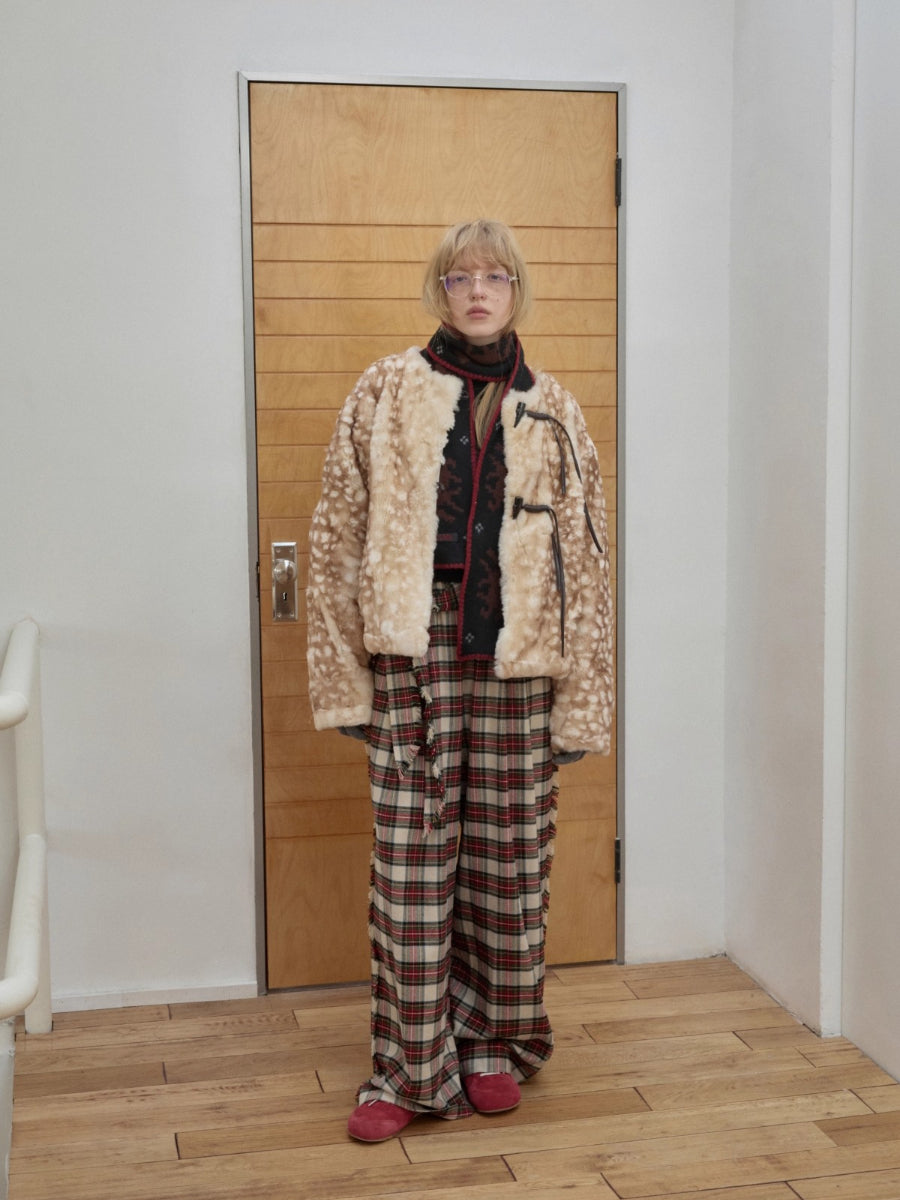 Vintage Red Plaid Brushed Cotton Wide-Leg Pants