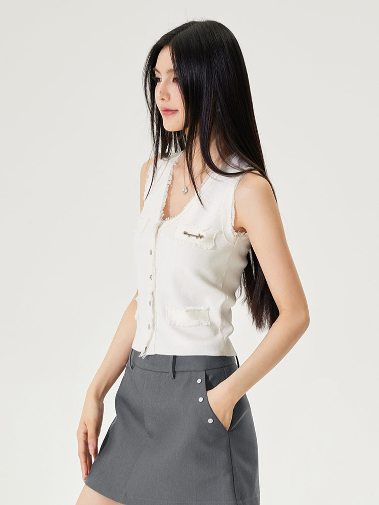 Lyocell V-Neck Raw-edge Ice-silk Vest
