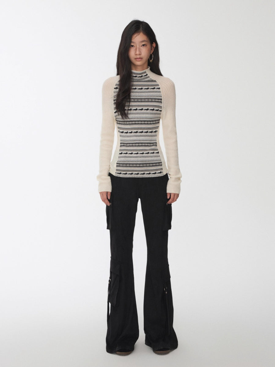 Fair Isle Turtleneck Raglan Sleeve Colorblock Knit Base Layer