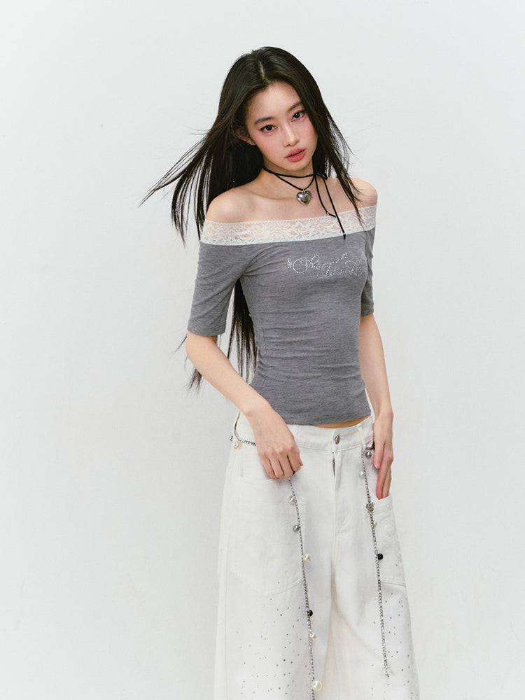 3D Rhinestone Wide - leg Denim Pants