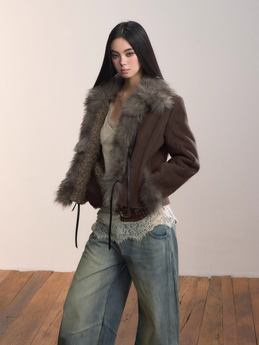 Bow Knot Tie Faux Leather Fur Combo Jacket