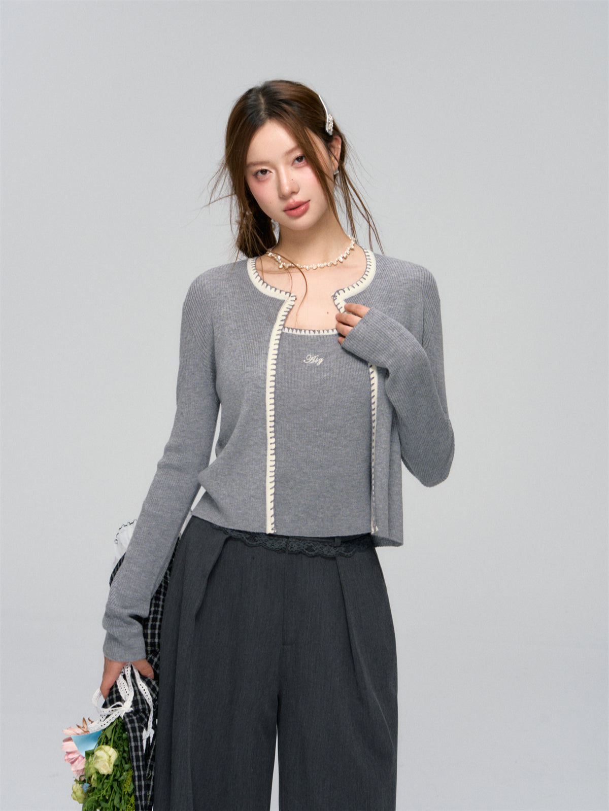 Shell Trim Knit Cardigan Set