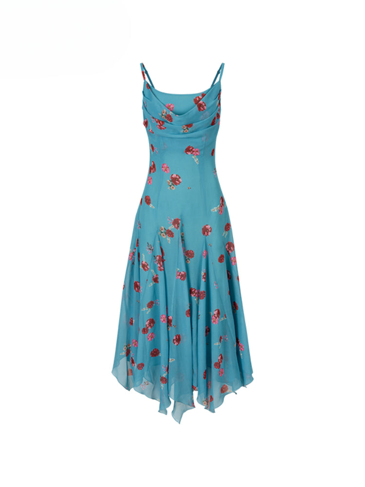 Flowing Flower Waist-cinched Cowl-neck Dress