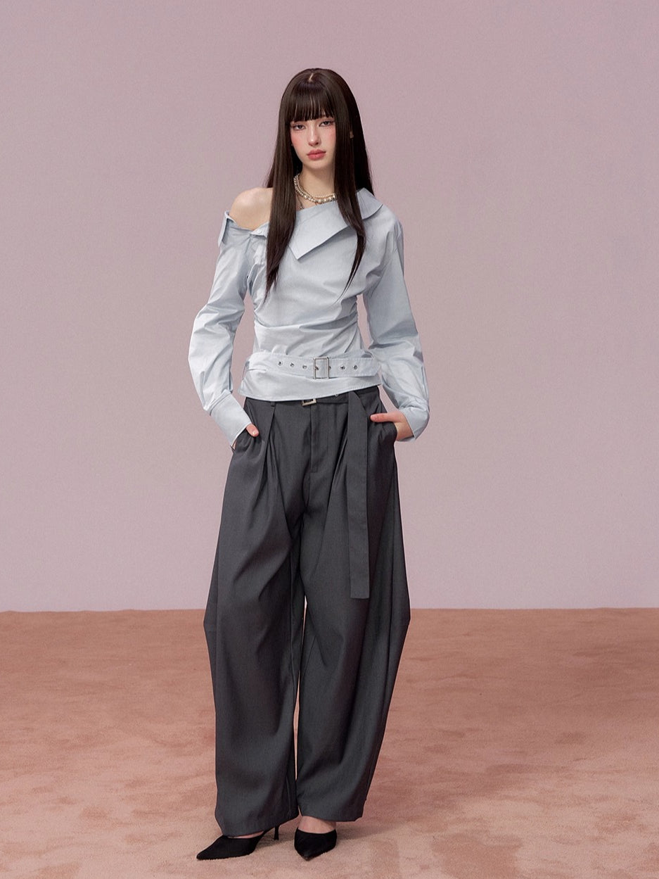 Belted Wide-Leg Tailored Trousers