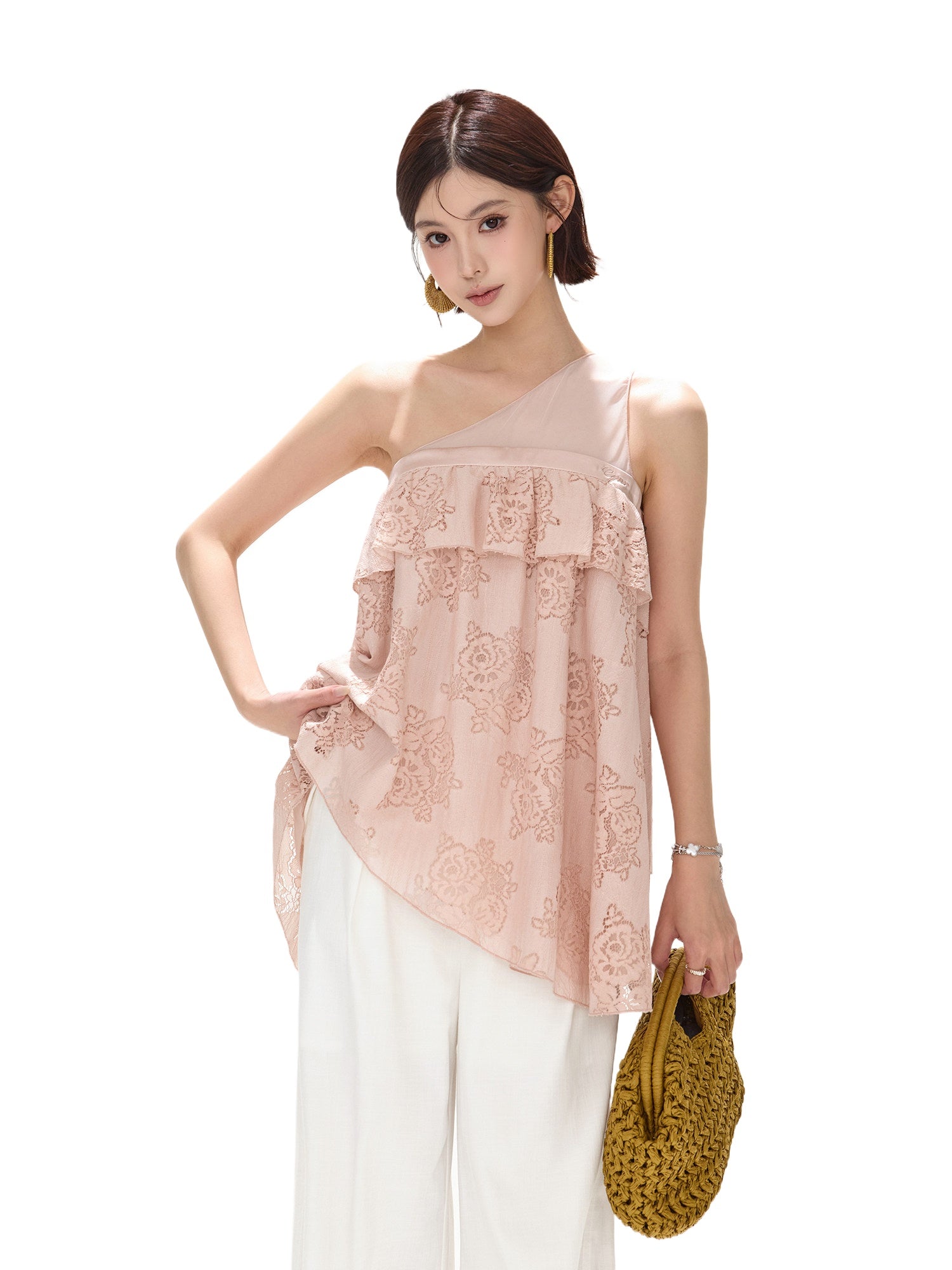 Mesh One-Shoulder Lace Top