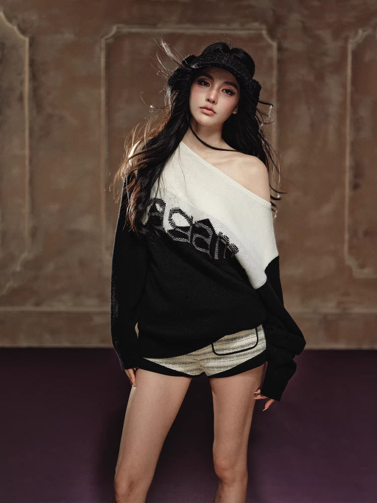 Contrast Off-Shoulder Wool Sweater