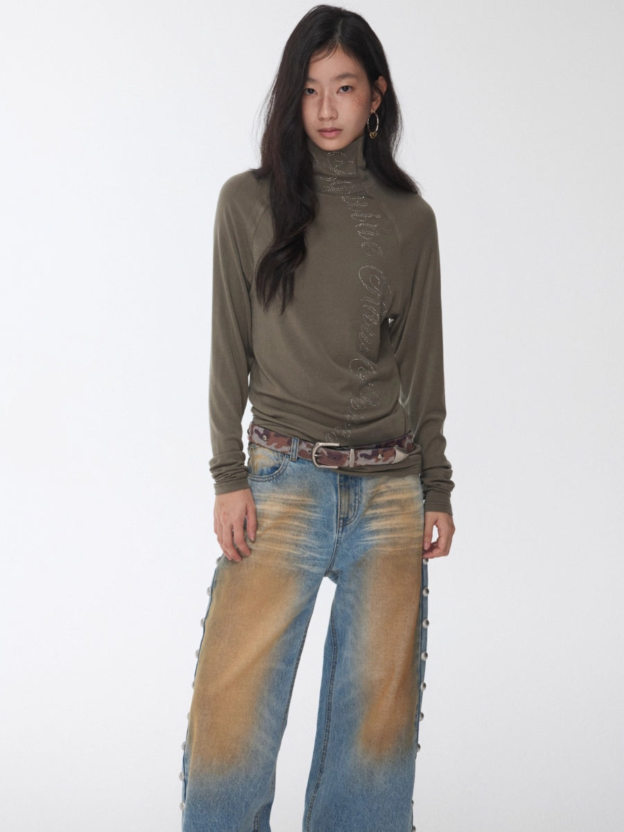Rhinestone High Neck Raglan Knit Top
